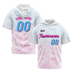 Benutzerdefinierte Weiß Rosa Hellblau Kurzarm-Kapuzenpullover für Männer Frauen Hemden mit Kapuzen gedruckt Name Logo