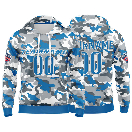 Benutzerdefinierter Sweatshirt-Hoodie für Mann, Frau, Mädchen, Junge. Drucken Sie Ihr Logo, Ihren Namen und Ihre Nummer Blau grau