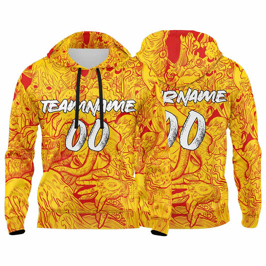 Benutzerdefinierter Sweatshirt-Hoodie für Mann, Frau, Mädchen, Junge. Drucken Sie Ihr Logo, Ihren Namen und Ihre Nummer Gelb&Rot