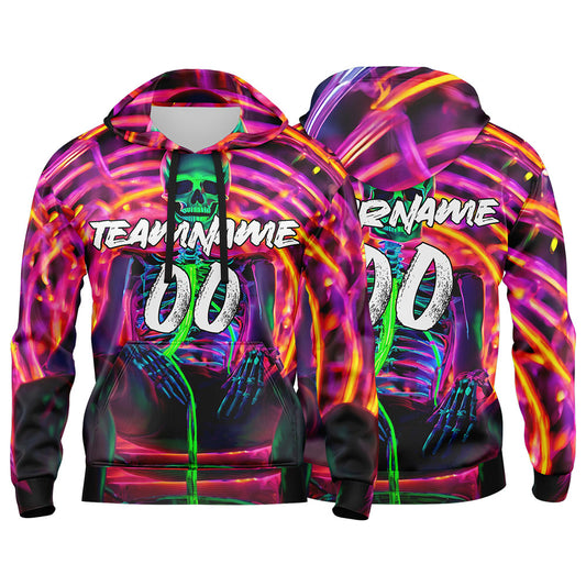 Benutzerdefinierter Sweatshirt-Hoodie für Mann, Frau, Mädchen, Junge. Drucken Sie Ihr Logo, Ihren Namen und Ihre Nummer Neon Skelett