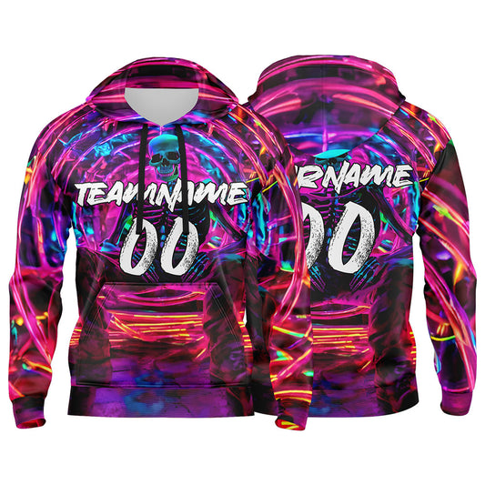 Benutzerdefinierter Sweatshirt-Hoodie für Mann, Frau, Mädchen, Junge. Drucken Sie Ihr Logo, Ihren Namen und Ihre Nummer Neon Skelett