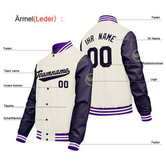 Maßgeschneiderte Creme Weiß Lila Letterman Varsity Jacket Individuelle Stickerei Druck nach Ihrem Wunsch