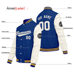 Maßgeschneiderte Creme Weiß Blau Letterman Varsity Jacket Individuelle Stickerei Druck nach Ihrem Wunsch