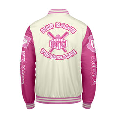 Maßgeschneiderte Weiß Rosa Letterman Varsity Jacket Individuelle Stickerei Druck nach Ihrem Wunsch