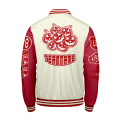 Maßgeschneiderte Weiß Rot Letterman Varsity Jacket Individuelle Stickerei Druck nach Ihrem Wunsch
