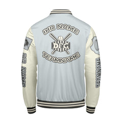 Maßgeschneiderte Grau Weiß Letterman Varsity Jacket Individuelle Stickerei Druck nach Ihrem Wunsch