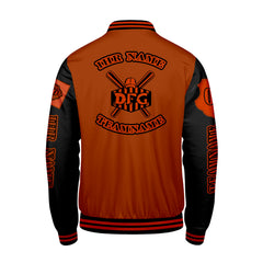 Maßgeschneiderte Orange Schwarz Letterman Varsity Jacket Individuelle Stickerei Druck nach Ihrem Wunsch