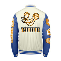 Maßgeschneiderte Weiß Hellblau Letterman Varsity Jacket Individuelle Stickerei Druck nach Ihrem Wunsch