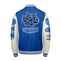 Maßgeschneiderte Blau Weiß Letterman Varsity Jacket Individuelle Stickerei Druck nach Ihrem Wunsch