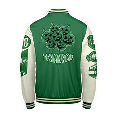 Maßgeschneiderte Grün Weiß Letterman Varsity Jacket Individuelle Stickerei Druck nach Ihrem Wunsch