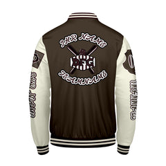 Maßgeschneiderte Braun Weiß Letterman Varsity Jacket Individuelle Stickerei Druck nach Ihrem Wunsch