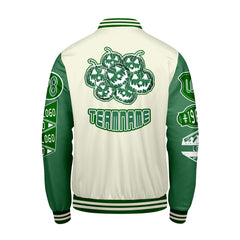 Maßgeschneiderte Weiß Gras Grün Letterman Varsity Jacket Individuelle Stickerei Druck nach Ihrem Wunsch