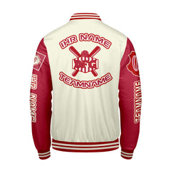 Maßgeschneiderte Weiß Rot Letterman Varsity Jacket Individuelle Stickerei Druck nach Ihrem Wunsch