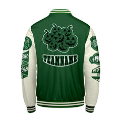 Maßgeschneiderte Grün Weiß Letterman Varsity Jacket Individuelle Stickerei Druck nach Ihrem Wunsch