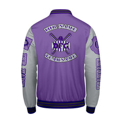 Maßgeschneiderte Lila Lichtgrau Letterman Varsity Jacket Individuelle Stickerei Druck nach Ihrem Wunsch