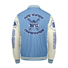 Maßgeschneiderte Blau Weiß Letterman Varsity Jacket Individuelle Stickerei Druck nach Ihrem Wunsch