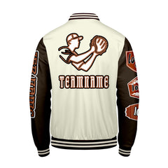 Maßgeschneiderte Weiß Braun Letterman Varsity Jacket Individuelle Stickerei Druck nach Ihrem Wunsch