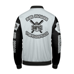 Maßgeschneiderte Grau Schwarz Letterman Varsity Jacket Individuelle Stickerei Druck nach Ihrem Wunsch