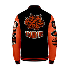 Maßgeschneiderte Schwarz Hellorange Letterman Varsity Jacket Individuelle Stickerei Druck nach Ihrem Wunsch