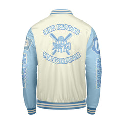 Maßgeschneiderte Weiß Blau Letterman Varsity Jacket Individuelle Stickerei Druck nach Ihrem Wunsch