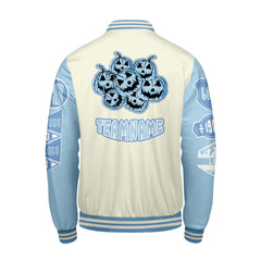 Maßgeschneiderte Weiß Löwenblau Letterman Varsity Jacket Individuelle Stickerei Druck nach Ihrem Wunsch
