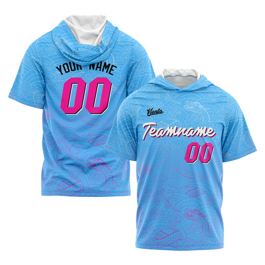 Benutzerdefinierte Hellblau Rosa Kurzarm-Kapuzenpullover für Männer Frauen Hemden mit Kapuzen gedruckt Name Logo