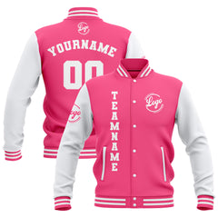 Benutzerdefiniert Rosa Weiß Wasserdichte Varsity Jacken Personalisiert genäht Name Nummer Logo zu Letterman Jacken