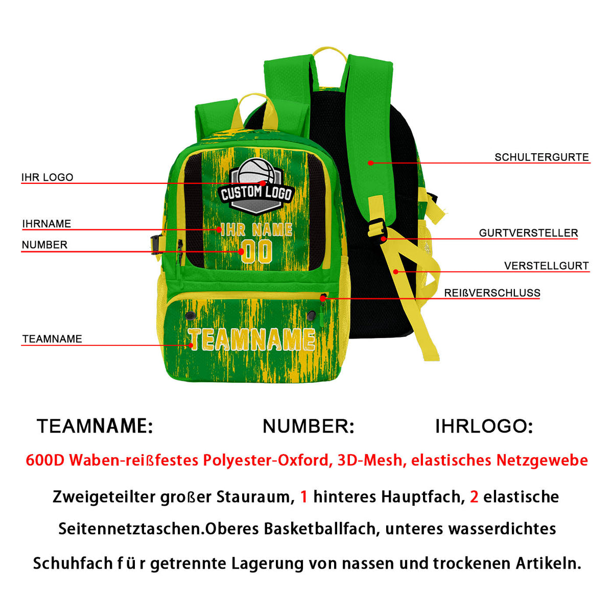 Individuell gestalteter Basketball - und Fußballrucksack in Grasgrün & Zitronengelb & personalisiert mit Spielernamen & Nummern und Teamlogo #BP-0919-0015