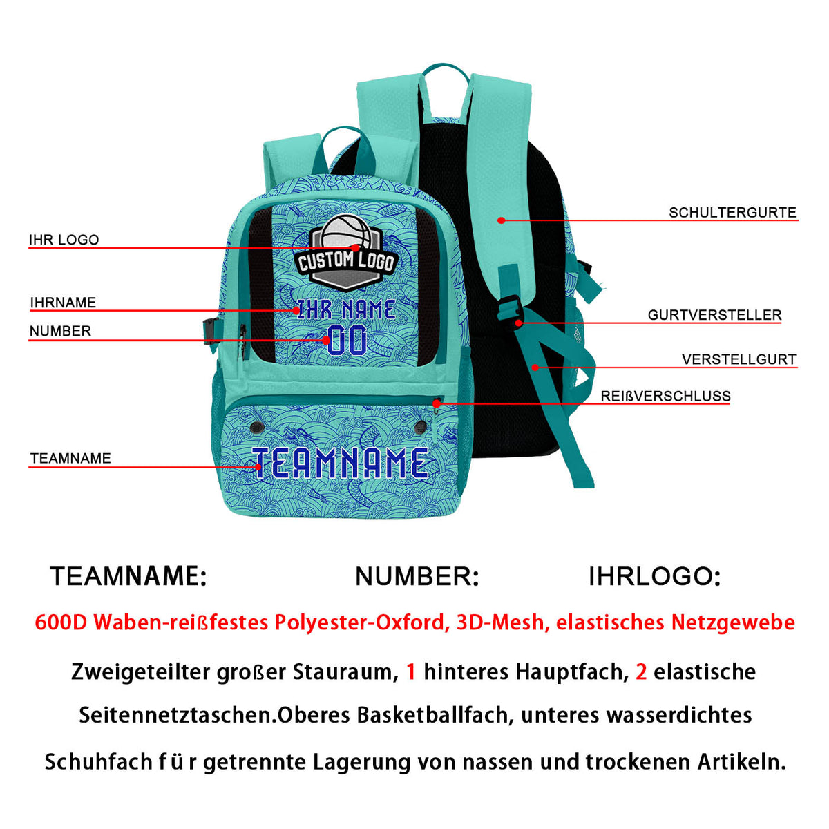 Personalisierter Basketball - und Fußballrucksack in Cyanblau mit Spielernamen & Nummern und Teamlogo #BP-0919-0012