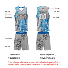 Benutzerdefinierter Grau Blau Basketball Jersey Uniform Anzug gedruckt Ihr Logo Name Nummer