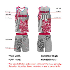 Benutzerdefinierter Grau Rosa Basketball Jersey Uniform Anzug gedruckt Ihr Logo Name Nummer