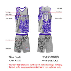 Benutzerdefinierter Grau Lila Basketball Jersey Uniform Anzug gedruckt Ihr Logo Name Nummer