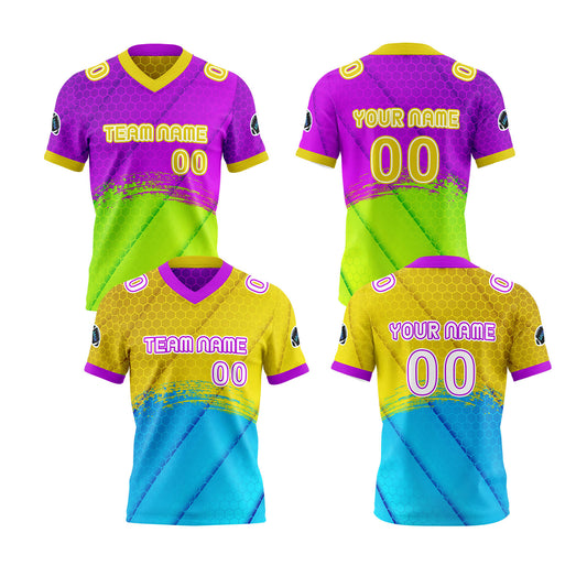 Benutzerdefinierte Gelb Lila Reversibel Fußball Trikot Personalisierte Gradient Fußball Shirts für Männer gedruckt Team Name Nummer Logo