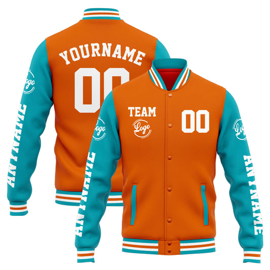 Benutzerdefinierte Varsity-Jacke. Letterman-Jacke für Männer, Frauen und Jugendliche Orange Teal