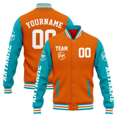 Benutzerdefinierte Varsity-Jacke. Letterman-Jacke für Männer, Frauen und Jugendliche Orange Teal