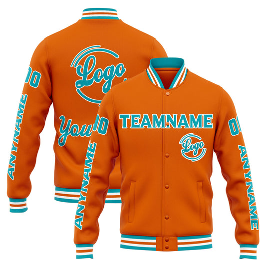 Benutzerdefinierte Varsity-Jacke. Letterman-Jacke für Männer, Frauen und Jugendliche Orange Teal
