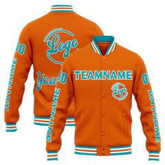 Benutzerdefinierte Varsity-Jacke. Letterman-Jacke für Männer, Frauen und Jugendliche Orange Teal