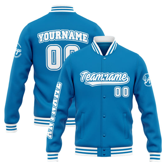 Benutzerdefinierte Varsity-Jacke. Letterman-Jacke für Männer, Frauen und Jugendliche Blau