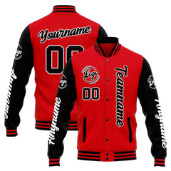 Benutzerdefinierte Varsity-Jacke. Letterman-Jacke für Männer, Frauen und Jugendliche Rot Schwarz