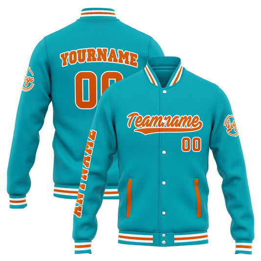 Benutzerdefinierte Varsity-Jacke. Letterman-Jacke für Männer, Frauen und Jugendliche Teal Orange
