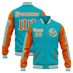 Benutzerdefinierte Varsity-Jacke. Letterman-Jacke für Männer, Frauen und Jugendliche Teal Orange