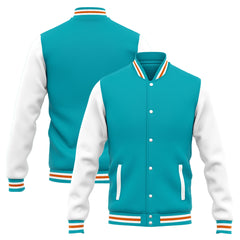 Benutzerdefinierte Varsity-Jacke. Letterman-Jacke für Männer, Frauen und Jugendliche Teal Weiß