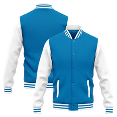 Benutzerdefinierte Varsity-Jacke. Letterman-Jacke für Männer, Frauen und Jugendliche Blau Weiß