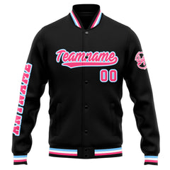 Benutzerdefinierte Varsity-Jacke. Letterman-Jacke für Männer, Frauen und Jugendliche Schwarz Rosa