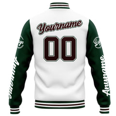 Benutzerdefinierte Varsity-Jacke. Letterman-Jacke für Männer, Frauen und Jugendliche Weiß Grün Braun