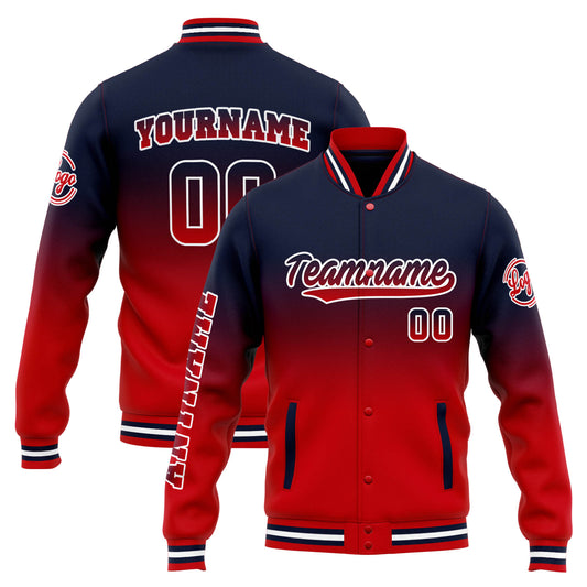 Benutzerdefinierte Varsity-Jacke. Letterman-Jacke für Männer, Frauen und Jugendliche Marine Rot Verlauf