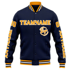 Benutzerdefinierte Varsity-Jacke. Letterman-Jacke für Männer, Frauen und Jugendliche Marine Orange