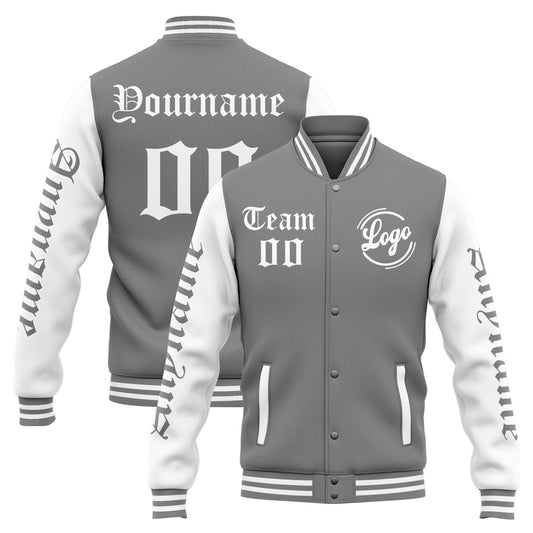 Benutzerdefinierte Varsity-Jacke. Letterman-Jacke für Männer, Frauen und Jugendliche Grau Weiß