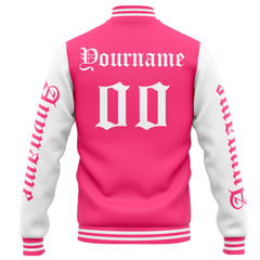 Benutzerdefinierte Varsity-Jacke. Letterman-Jacke für Männer, Frauen und Jugendliche Rosa Weiß