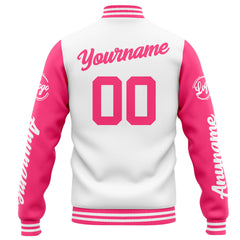 Benutzerdefinierte Varsity-Jacke. Letterman-Jacke für Männer, Frauen und Jugendliche Weiß Rosa